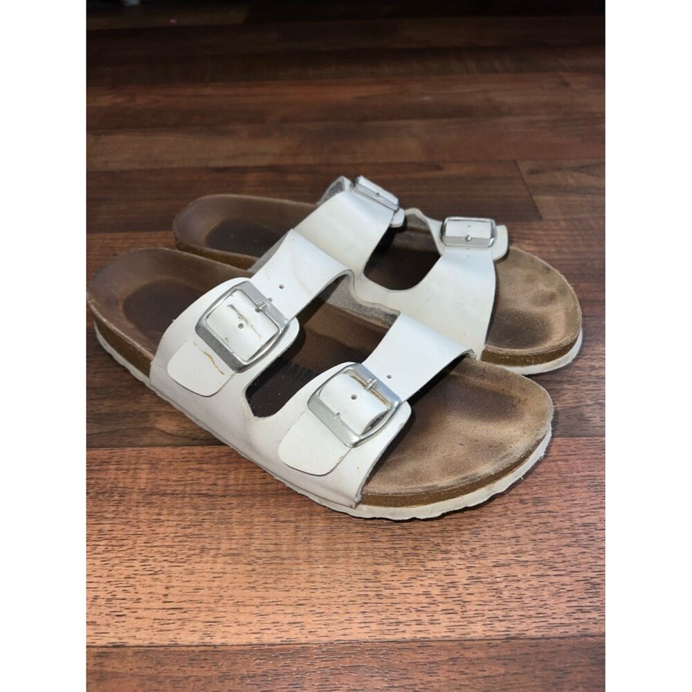 White Double-Buckle Cork Footbed Slides